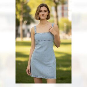NWT MNG Denim Square Neck Mini Dress Light Wash XL Square Neck